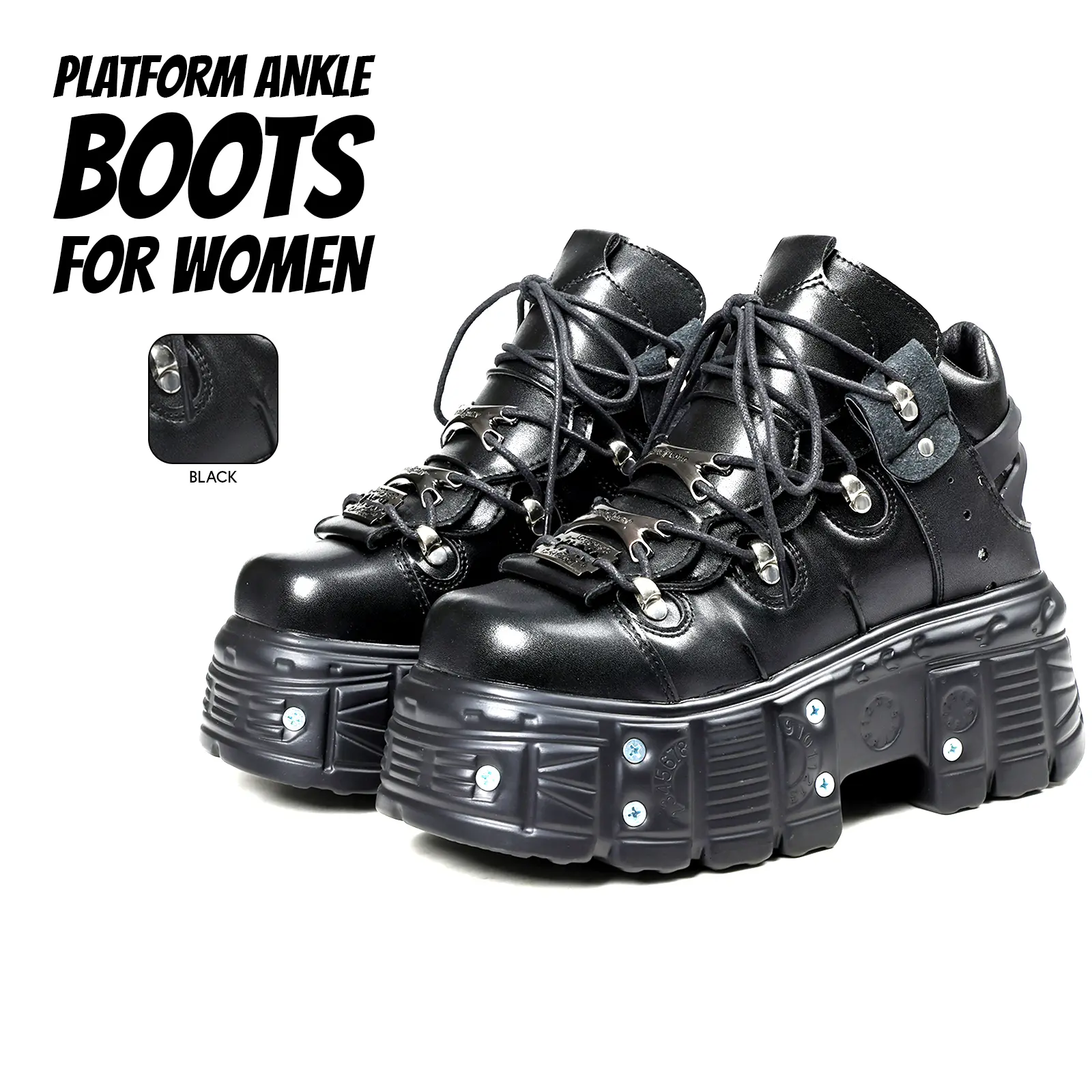 Goth Ankle Boots For Women Platform Boot Round Toe Chunky Block Heel Lace Up Metallic Rivets Buckle Strap Lace Up Easy Pull on Rock Combat Punk Comfy Fashionable Y2k Outing Clubbing Event Party Motorcycle Goth Work Casual Dress Shoes