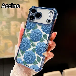 Phone Case for iPhone 17 Pro Max 16 15 Plus Air 14 13 12 11 E Blue Hydrangea Dream Pattern Four-corner Thickened Anti-drop Protective Silicone Cover Gift