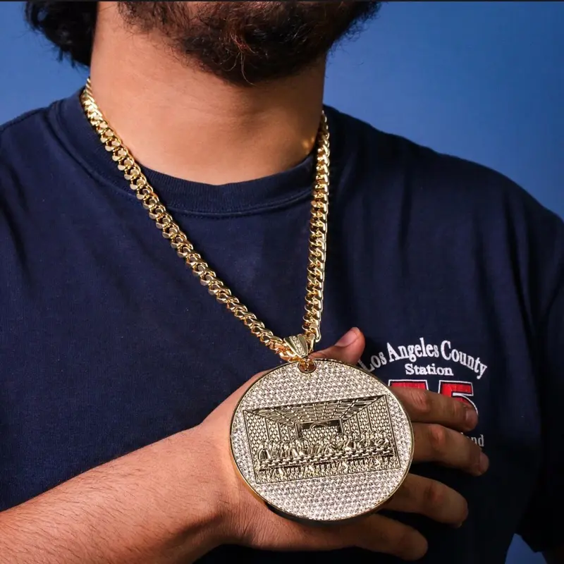 Hip Hop 14k Gold Plated Huge Last Supper Pendant Cubic Zirconia 24" Cuban Chain