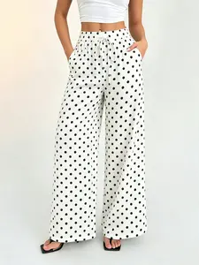 High waisted drawstring polka dot wide leg pants with side pockets designed for summer drape, versatile casual pants, preferred for commuting and travel