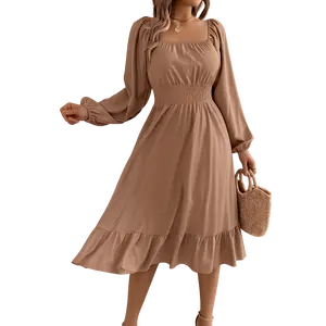 2026 Spring and Summer Leisure Solid Color Square Collar Long Sleeve Waist-Cinched A-Line Skirt