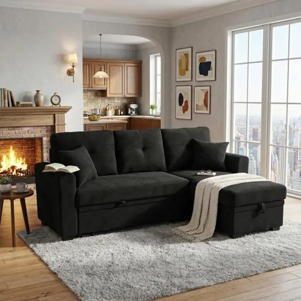 71" Convertible Sectional Sleeper Sofa Bed with Storage Chaise, 3-Seater L-Shaped Reversible Pull-Out Couch, 2 Pillows Included, Compact Sectional Couch for Living Room, Apartment, Dark Black