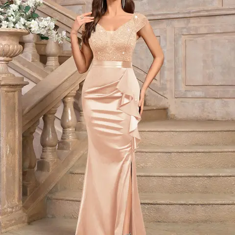 Miusol Women's Vintage Floral Lacy Bodycon Maxi Dress, Elegant V-Neck Ruffle Split Sequin Gown for Wedding Guest & Cocktail Prom, Wedding Guest Dress, Formal Wedding Guest Dress