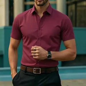 Wrinkle-resistant, no ironing needed, wine red short-sleeve dress shirt made from cotton–polyester blend; versatile for business casual wear, suitable for business casual occasions.