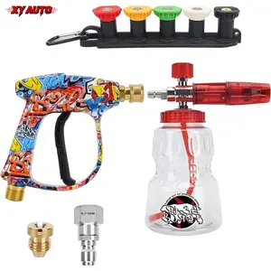 1 Set Pressure Washer Spray Gun Power Washer Short Gun with M22 Inlet 14mm, Foam Cannon Foam Gun with 5 Nozzles Tips #035 & 3/8'' Quick Connector, Additional 1.10mm Orifice Nozzle, Professional Car Washing Cleaning Accessories