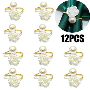 Set of 12 White Pearl Flower Napkin Rings, Golden Pearl Rose Napkin Holders, Imitation Beaded White Napkin Rings for Elegant Wedding And Dinner Party Decorations