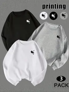3-pack, casual retro solid color Fitted long-sleeved pullover, "Knight" personality horse riding pole Graphic pattern print round neck casual sports women's pullover sweatshirt, autumn and winter plus velvet women's clothing