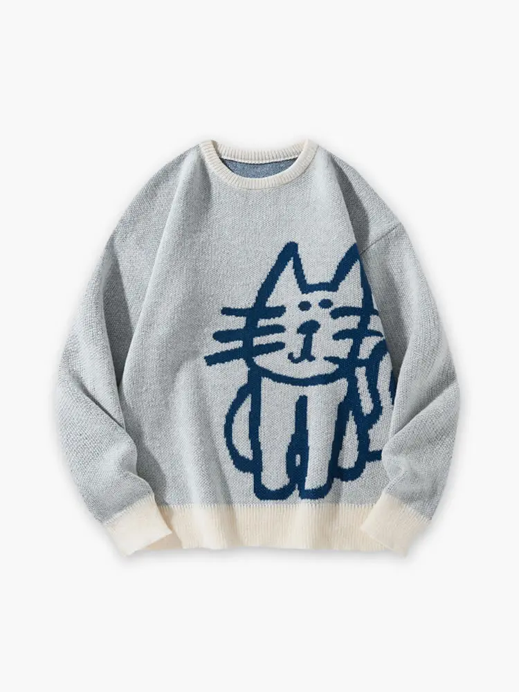 #Springfresh men's Black Cat Graphic Crew Neck Knit Sweater Soft Cozy Polyester FallWinter Daily Wear Weekend Outings Lounge Essential Layering Knit Top