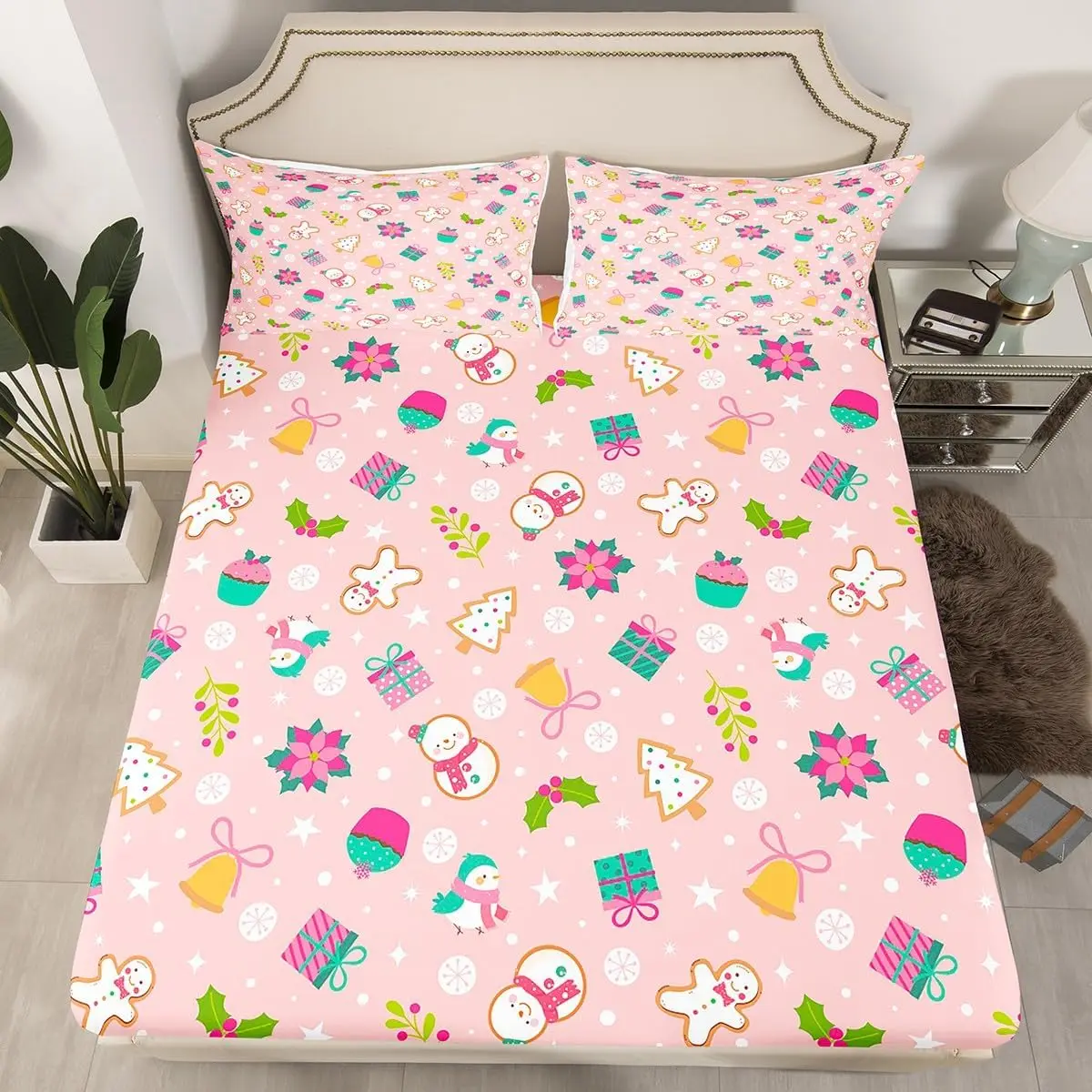 Feelyou Christmas Luxury Fitted Bedsheet Set - Cartoon Christmas Tree & Snowman Design, Pink Queen-Size Bedroom Bedding Set with Flower & Bird Prints, Soft Decorative New Year Bed Cover, Bedsheet Sets