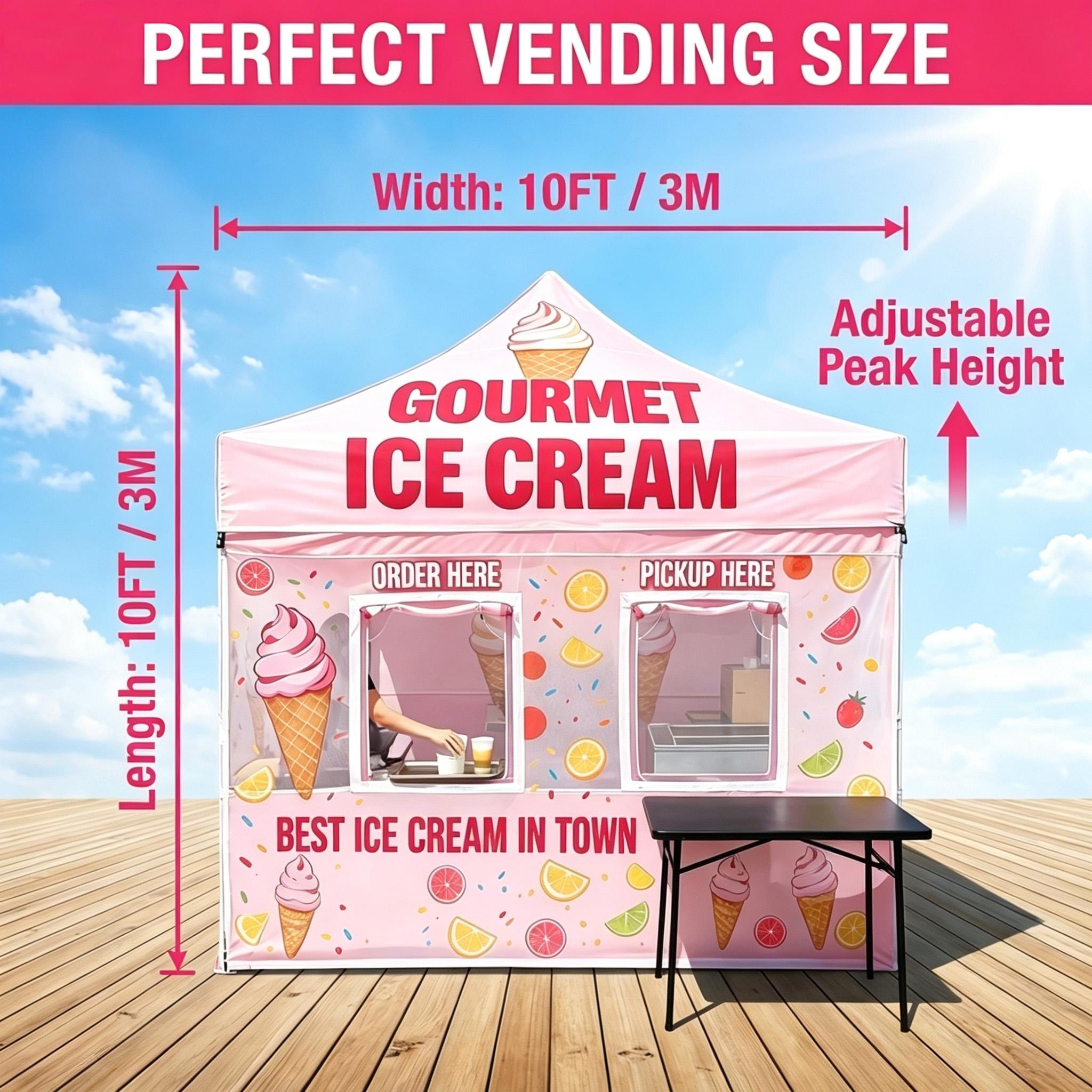 Pink Ice Cream Tent Waterproof Heavy Duty Outood Canopy Foldable Aluminium Frame Refreshment Stand Advertising Commercial Tent Food Booth Stand InStock Tent with Full Back Wall for Street Fairs