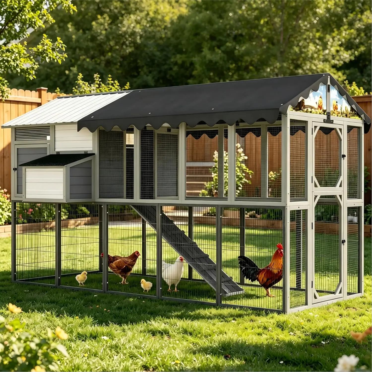 Extra Large Chicken Coop with Metal Foundation, 120" Walk-in Outdoor Poultry Hutch with Steel Roof, Removable PVC Cover & Nesting Box for 8-10 Chickens, Grey