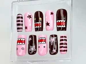 Pink Monster Press On Nails 3D Handmade Cute Star Stripes Nails Art Gift For Her