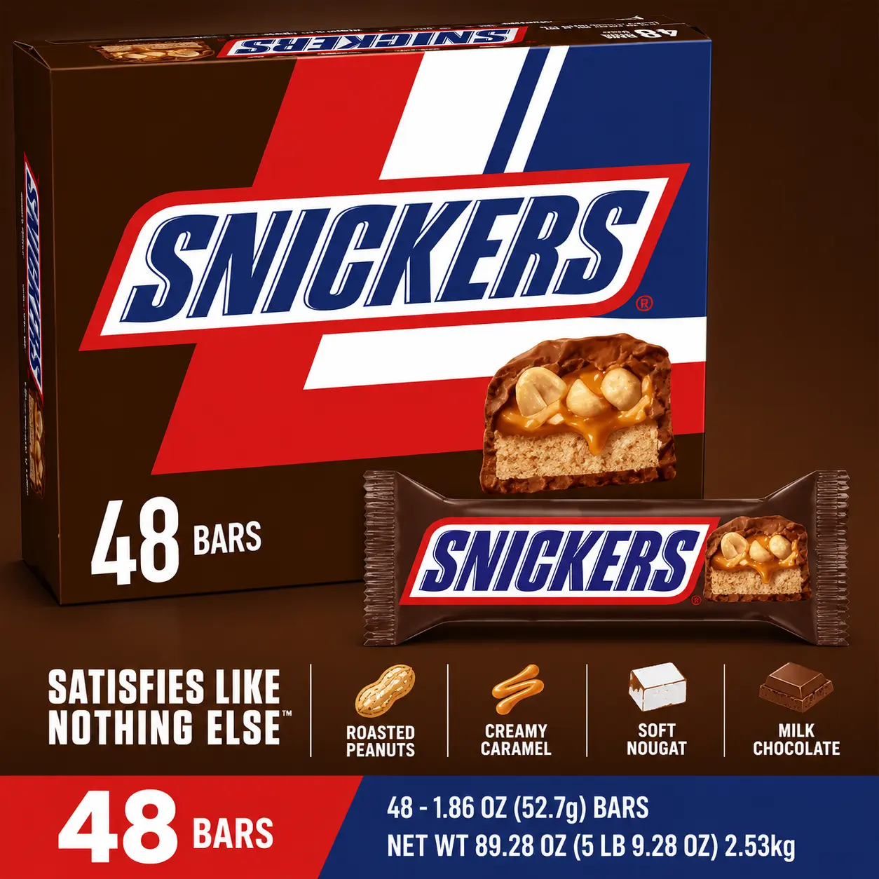 Snickers Chocolate Candy Bars 48 Count Milk Chocolate Peanut Caramel Nougat Bars