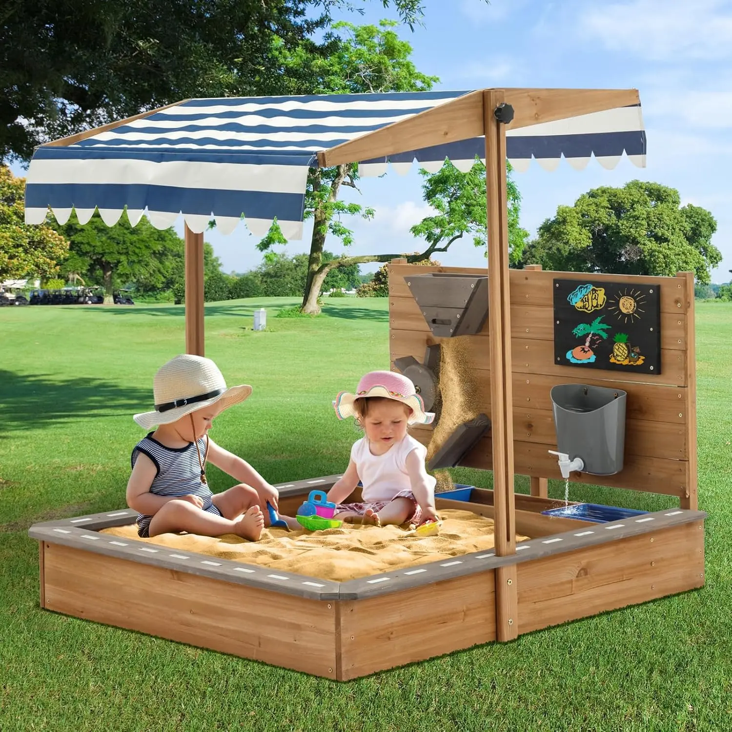 Pipleo Brown Oak Large Wooden Kids Sandbox with Roof-Canopy, Adjustable Cover, Funnel, Drawing Board - Kids Outdoor Play for Backyard Garden