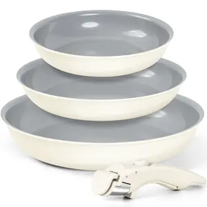 MICHELANGELO Nonstick Frying Pan Set Removable Handle, 8" 9.5" and 11" Frying Pans, Skillets with Detachable Handle, Granite Coating Egg Pan, Non Toxic Pans for Cooking, PFOA Free, Oven Safe, Beige