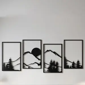 Landscape Pattern Wall Art, 4 Counts/set Metal Wall Decor, Artistic Wall Hanging Decor for Home Living Room Bedroom, Modern Home Decoration, Home Decor, Ornaments