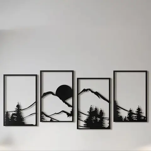 Landscape Pattern Wall Art, 4 Counts/set Metal Wall Decor, Artistic Wall Hanging Decor for Home Living Room Bedroom, Modern Home Decoration, Home Decor, Ornaments, Aesthetic Wall Decor, Decoration Items