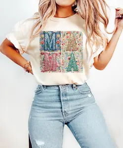 Faux Sequin Boho mama Tee Cotton Fabric Spandex Top Womenswear Fleece Oversized Polyester