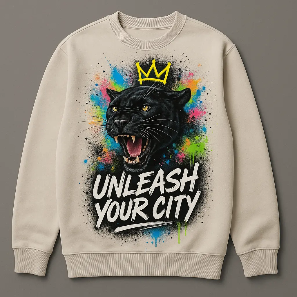Neon Spray-Paint Panther Crewneck | Premium Streetwear | Black Panther Graffiti Sweatshirt