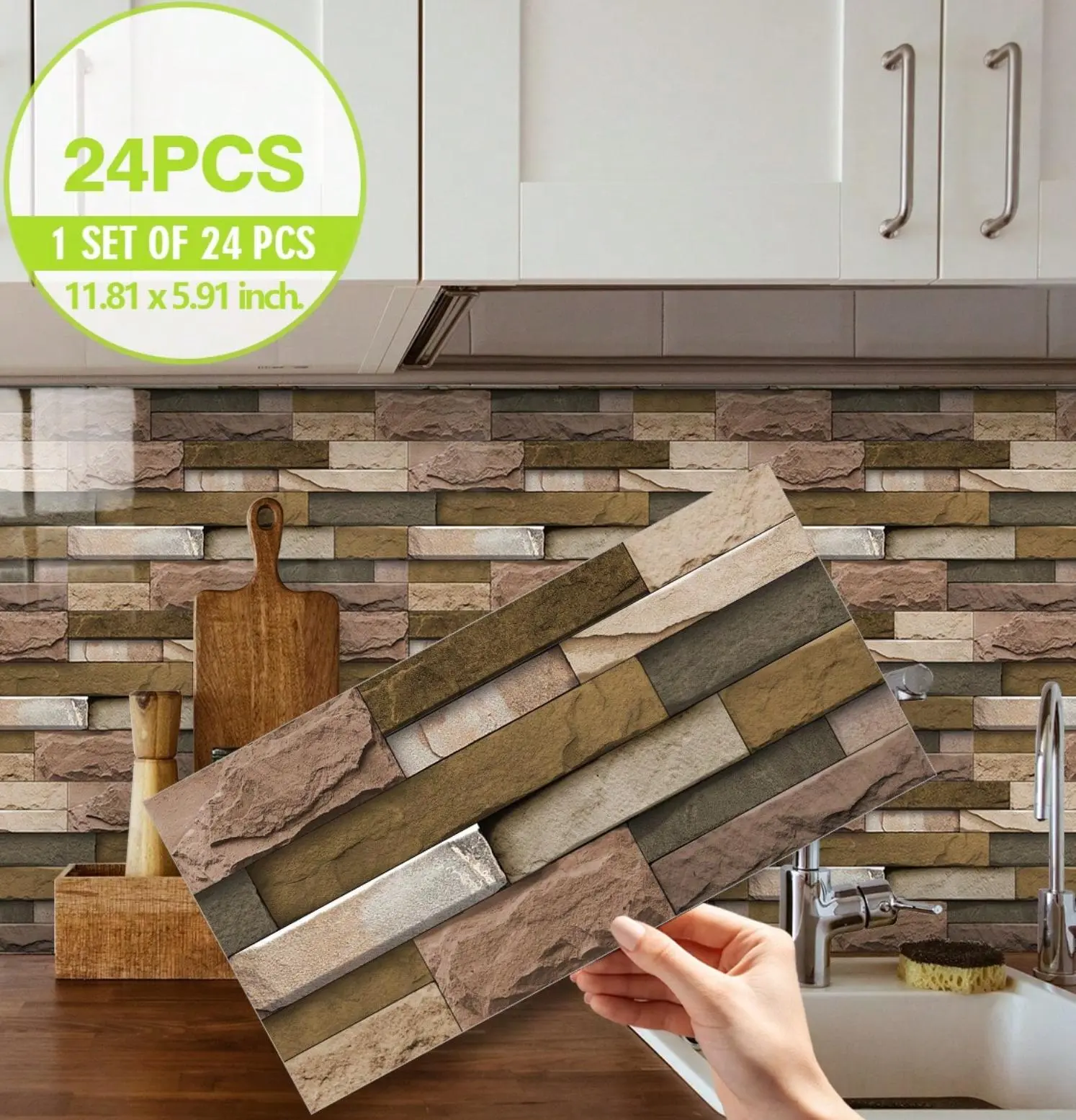 12/24Pcs Brown Marble Brick Backsplash Stickers, Vinyl Peel and Stick Wall Tiles, Waterproof, Oil & Heat Resistant Self-Adhesive Wallpaper for Kitchen Wall Decor, Size 5.91 x 11.81 Inches