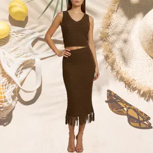 Brown Crochet Knit Set – Crop Tank & Fringe Midi Skirt One Size