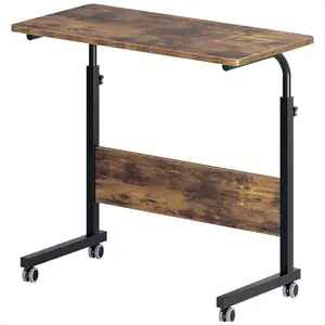 FCH Removable Chipboard & Steel Side Table with Rustic Brown Adjustable Work Table, Rolling Desk Laptop Computer Cart for Home, Bedroom, Office, Classroom