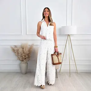 Women's 2026 New Retro Lace Outfit Set V-Neck Vest Top + Wide-Leg Straight-Cut Trousers Two-Piece Embroidery Hollow Temperament Suit for Casual & Special Occasions