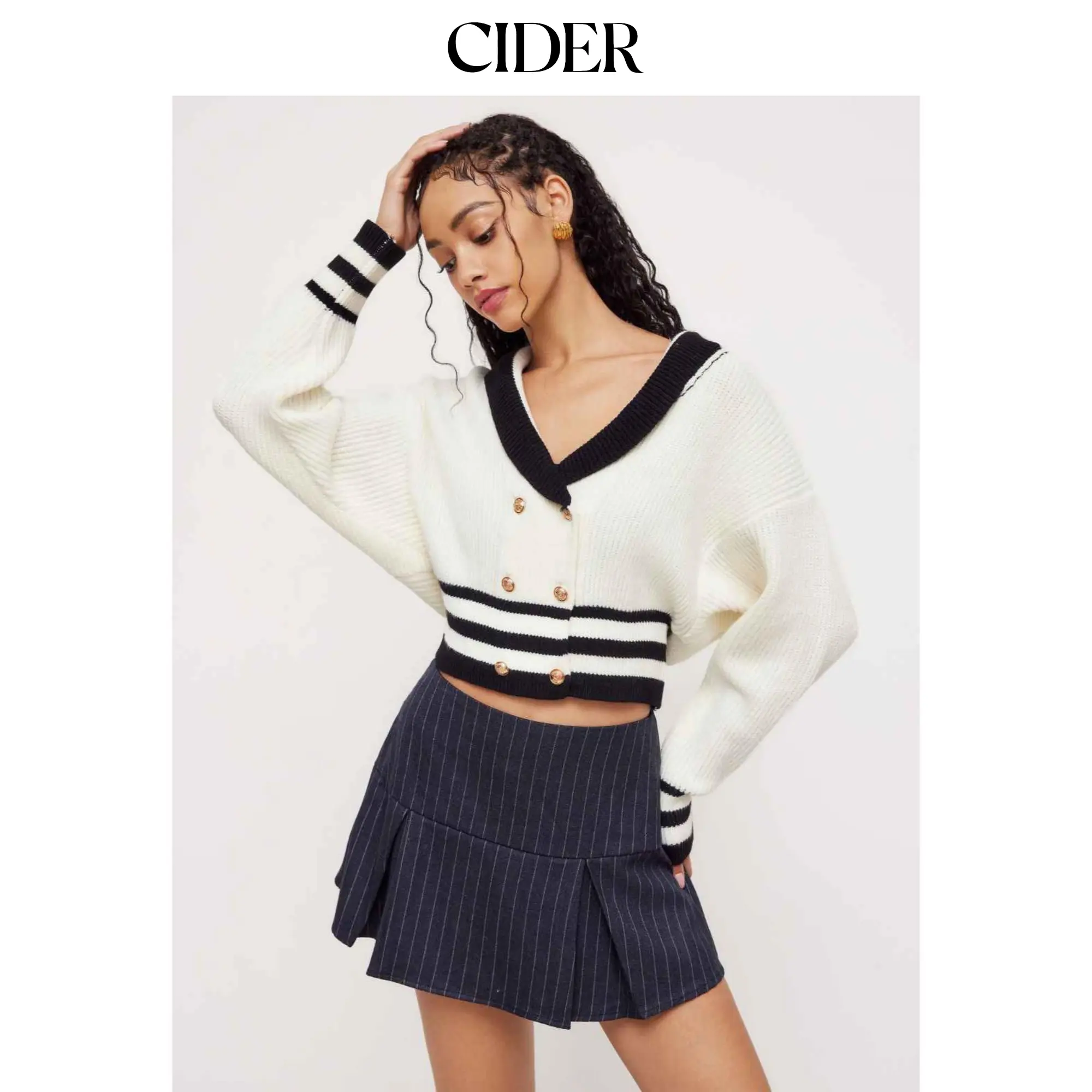 Cider Women's Basic V-Neck Acrylic Polyamide Knit Cardigan, Long Sleeve Contrast Trim Button-Front Tops