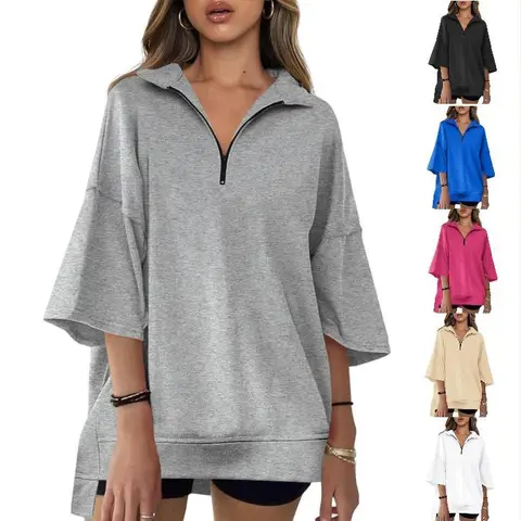 Imily Bela fitness Womens Oversized Sweatshirt Casual Zip Up V Neck 3/4 Sleeve High Low Pullover Tunic Tops Hoodie Womenswear