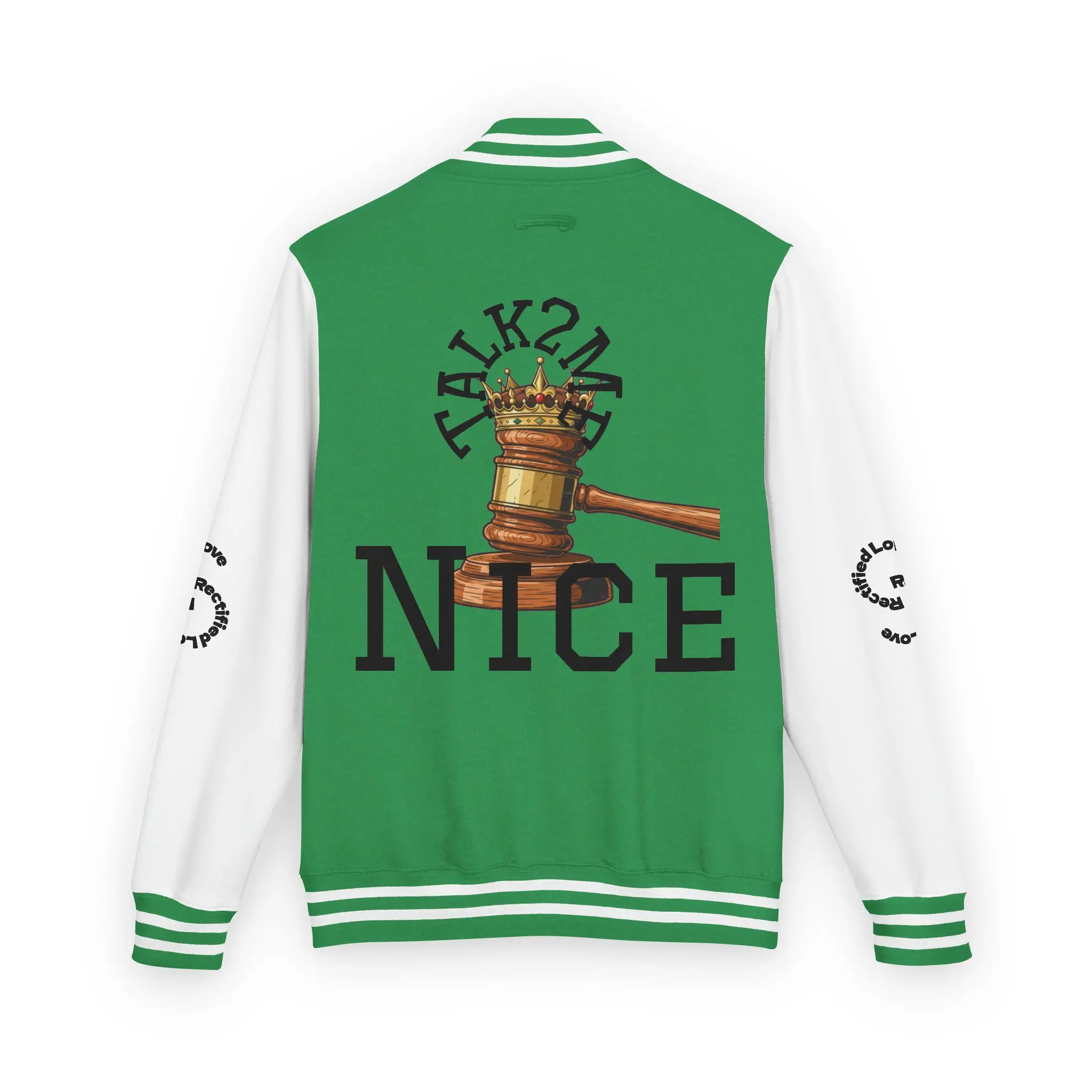 Talk2MeNice Letterman Jacket — 'Nice' Gavel Varsity Jacket (Legal Humor)