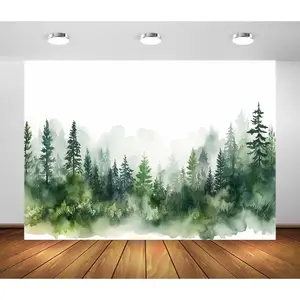 Fabric Watercolor Forest Backdrop Misty Forest Trees Spruce Forest Silhouette Background for ChristmasParty Decoration Banner Birthday Baby Shower Kids Adults Portrait Photo Props