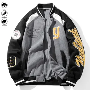 Men's Casual Letter Embroidery Baseball Jacket, Chic Color Block Bomber Jacket, School Style, Fleece Lining