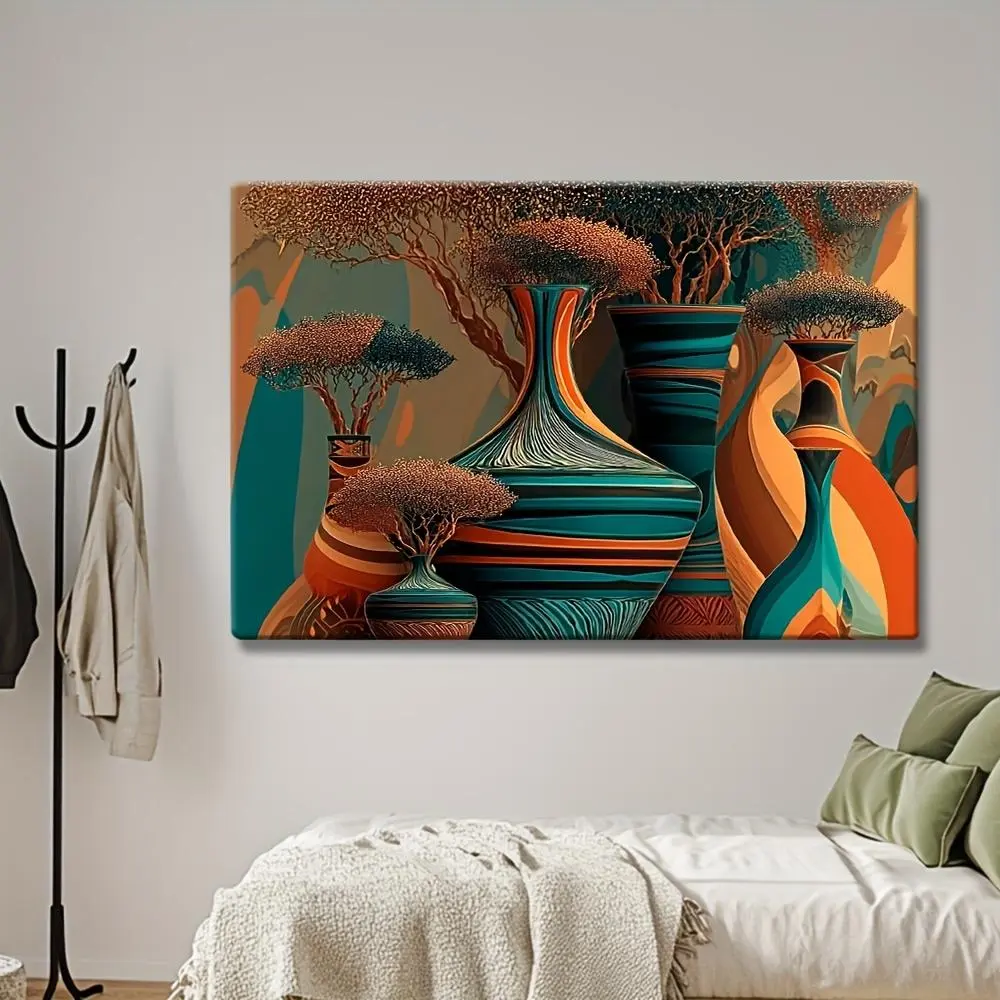 2D Print, African Tribal Wall Art Framed Canvas Print - Turquoise Blue, Burnt Orange, and Teal African Flower Pot and Tree Pattern, African Vase for Living Room, Bedroom, Office