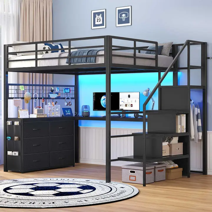 ADORNEVE Full Size Metal Loft Bed with L-Desk, 6 Drawers, Storage Stairs, LED Lights and Built-In Charging Station