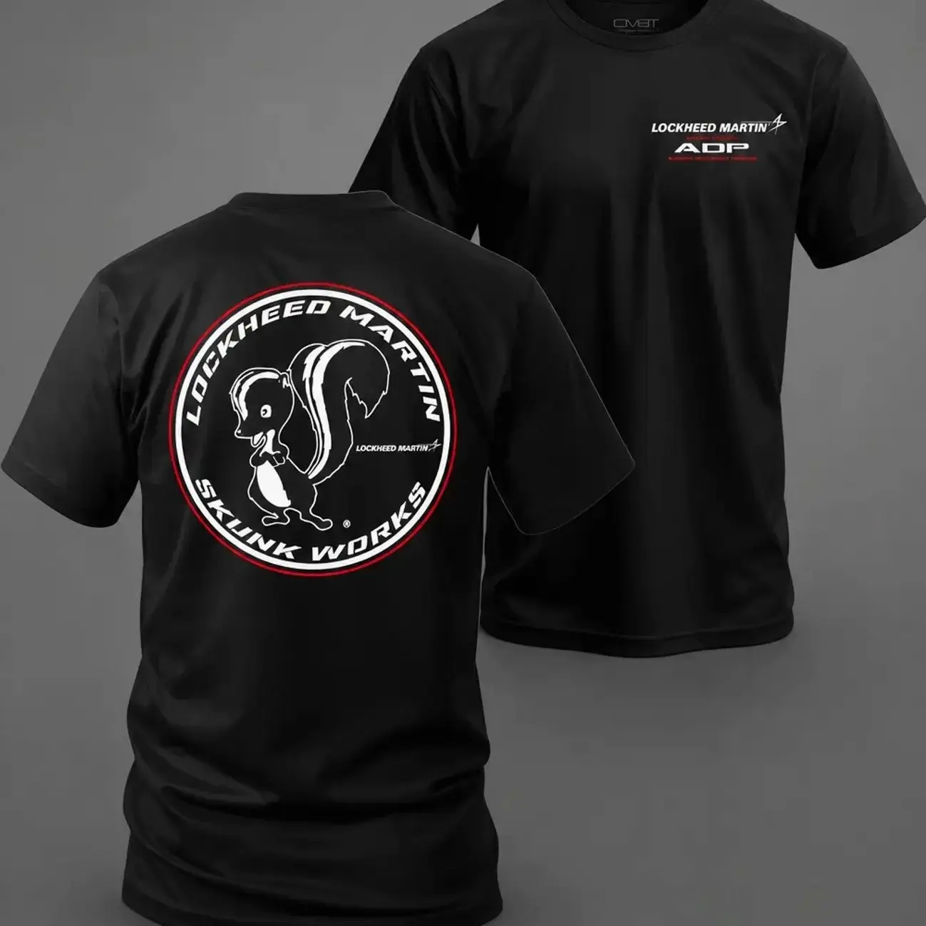 Lockheed Martin Skunk Works T-Shirt, 2 Sides Design Featuring Classic Skunk Logo and Advanced Development Programs Print, Soft Black Cotton Tee for Aviation Engineers, Veterans, and Stealth Aircraft Fans for Men & Women, Streetwear, Vacation Outfits 8YD