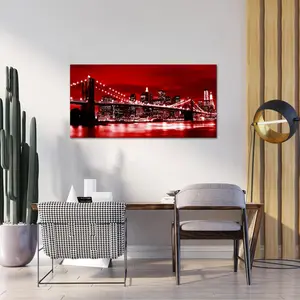 New York City Wall Art Canvas Black White Red Brooklyn Bridge Night Skyline Picture Photo Print Modern Cityscape Poster Painting