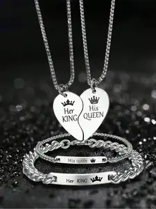 His Queen Her King Couple Necklace Bracelet Set, Couples Jewelry, Stainless Steel Romantic Gift, Perfect for Boyfriend Girlfriend, Valentine's Day Christmas