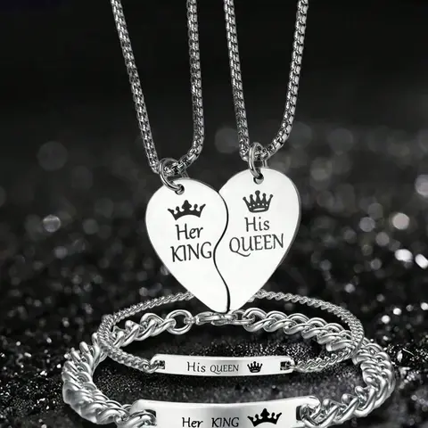 His Queen Her King Couple Necklace And Bracelet Set, Couples Jewelry, Unique Design, Durable Stainless Steel Romantic Gift, Perfect for Boyfriend Girlfriend, Valentine's Day Christmas, Matching Necklaces, All Season Wear