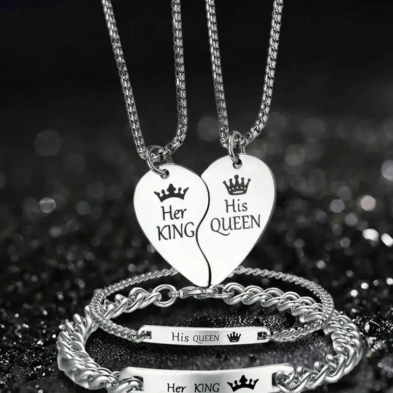 His Queen Her King Couple Necklace And Bracelet Set, Couples Jewelry, Unique Design, Durable Stainless Steel Romantic Gift, Perfect for Boyfriend Girlfriend, Valentine's Day Christmas, Matching Necklaces, All Season Wear