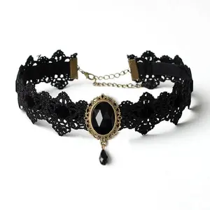 Vintage Gothic Black Lace Necklace with Black Gemstone | Elegant Halloween Party Jewelry for Women
