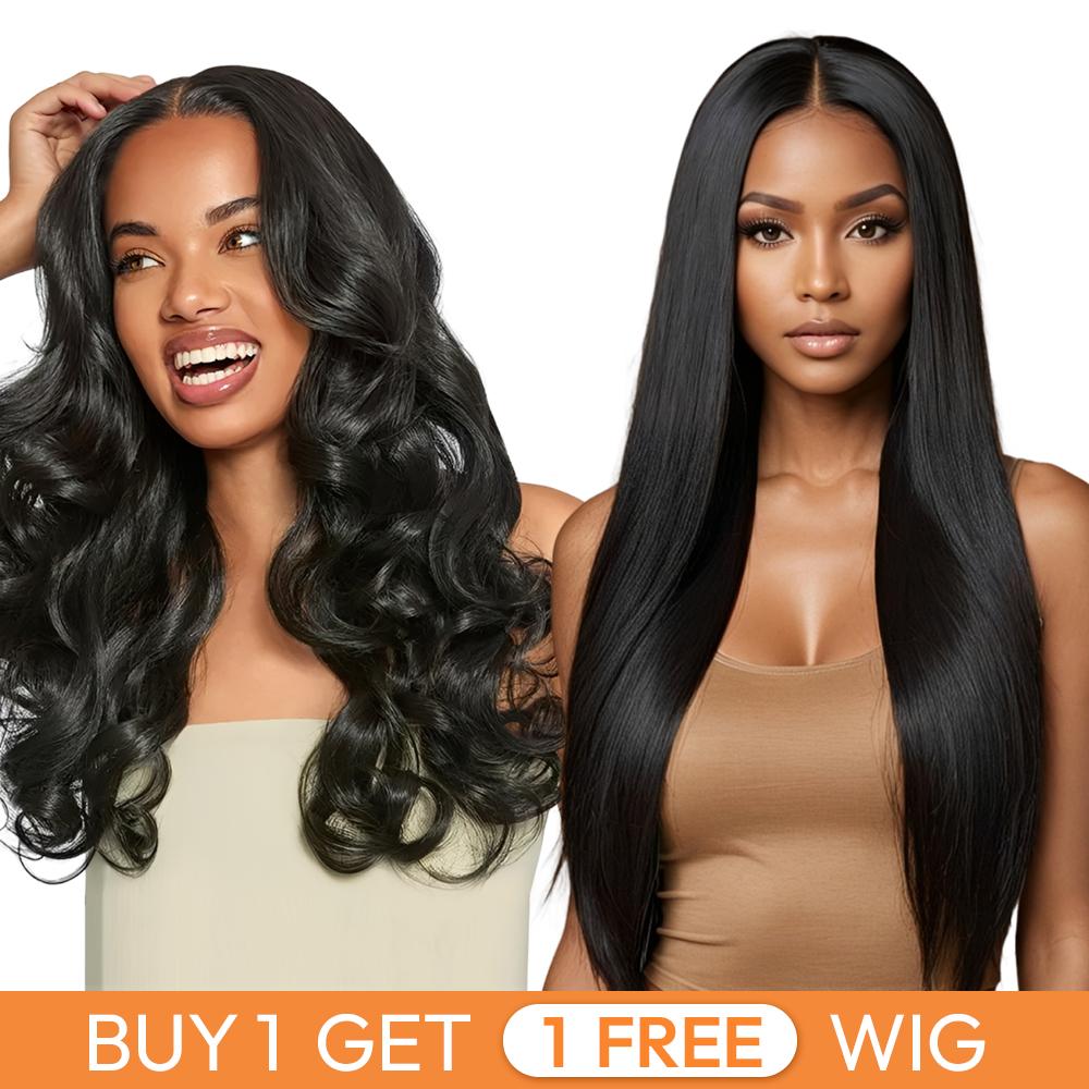 Buy 1 Get 1 Free Blend Human Hair Lace Front Wig | 180% Density Soft Natural Wig for Black Women, #1B Body Wave Wig & #1B Straight Hair Wig Buy 1 Get 1 Free Blend Human Hair Lace Front Wig | 180% Density Soft Natural Wig for Black Women, #1B Body Wave Wig & #1B Straight Hair Wig