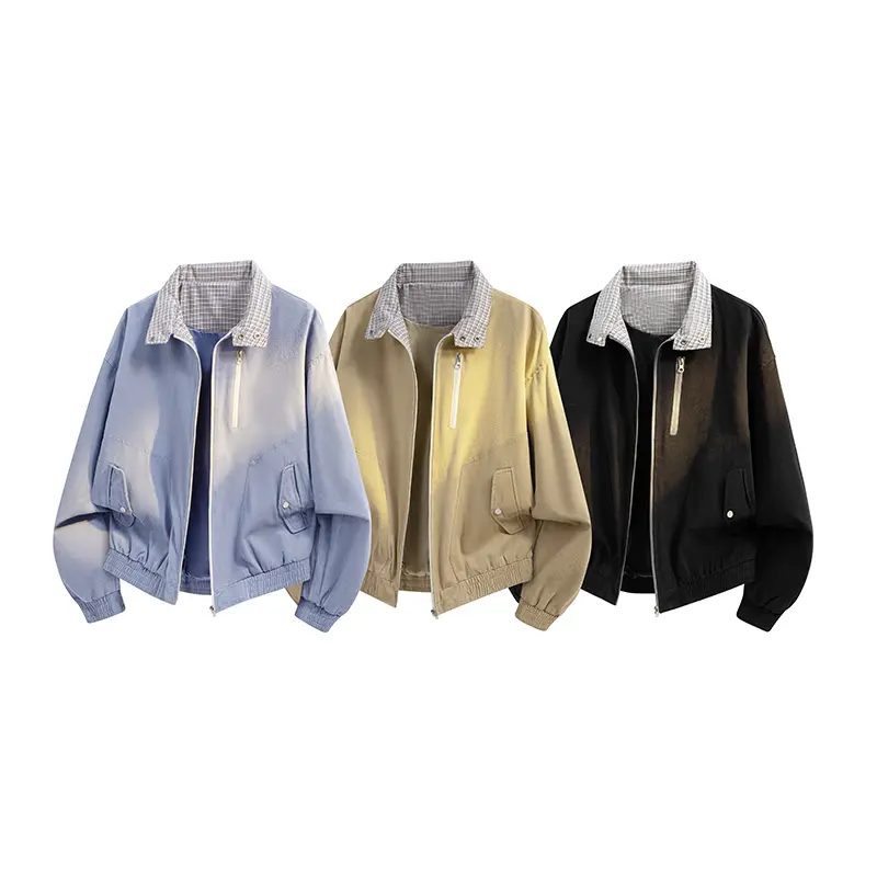 Men's Oversized Zip-Up Bomber Jacket - Plaid Collar, Drop-Shoulder, Buttoned Pockets, Y2K Harajuku Streetwear, Lightweight Breathable Classic Car Cargo Casual Outerwear for Spring & Autumn, Unisex Loose-Fit Top
