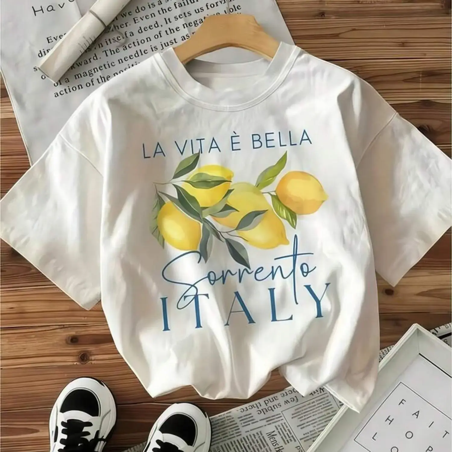 Women's Casual Street Style Tops, Lemon Branch Print 100% Cotton T-Shirt with Round Neck, Loose-Fitting, Sizes S-5XL, Women's Clothes