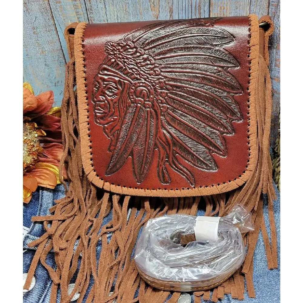 Native American Western fringed crossbody Indian chief head embossed genuine leather purse 8x7 inches
