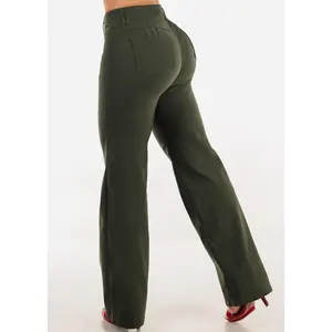 Women’s High Waist Olive Wide Leg Pants, Push Up Hyper Stretch Straight Leg Dress Pants – MX JEANS by ModaXpress