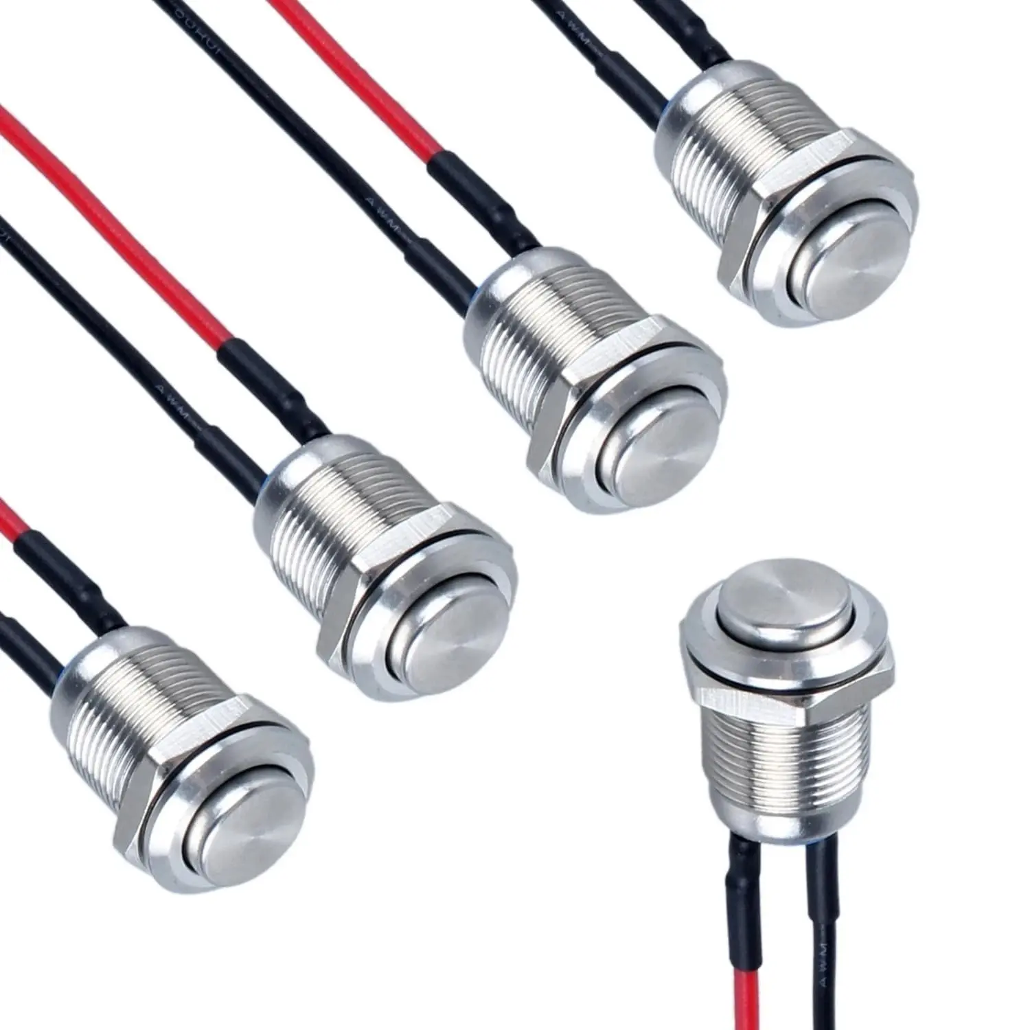 5-Pack 12mm Self-Resetting Pushbutton Switch, IP66 Waterproof Stainless Steel, 1/2-inch Mounting Hole, 0-250V Universal for Computer, Instrument, Door Bell, Home Appliances