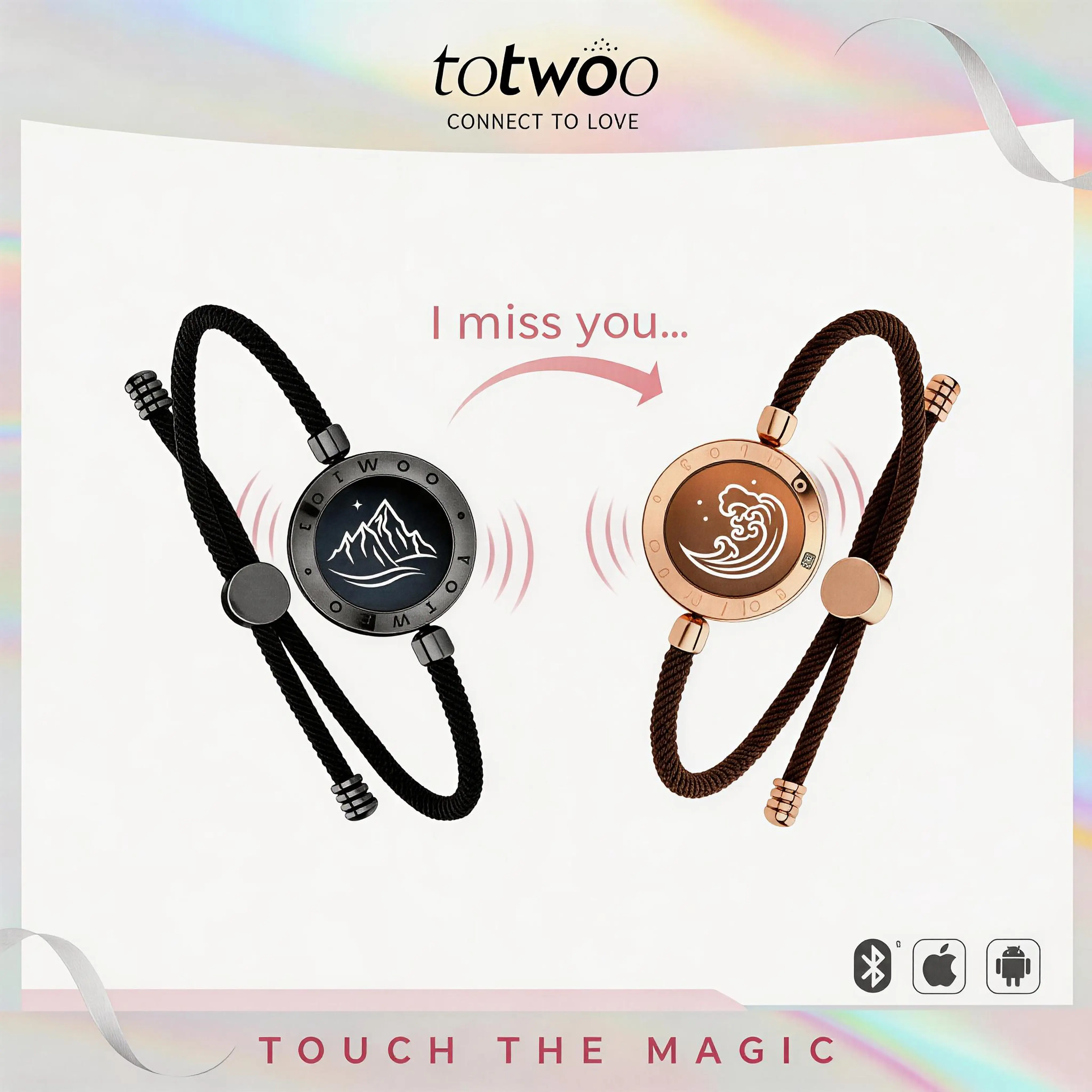 TOTWOO Couple's Long Distance Touch Bracelets - Women's Fashion Smart Jewelry with Light-Up & Vibration Features, 1-to-1 Bluetooth App Pairing, Romantic Gift for Girlfriend