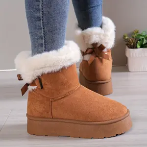 Fluffy Womens Boots Solid Color Bowknot Decor Thermal Lined Winter NonSlip Soft Plush Platform Shoes