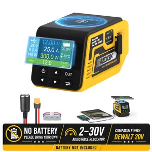 [Battery Not Included]Azocek 300W Adjustable DC Voltage Regulator for DeWalt 20V Battery, 4-in-1 Power Station with 100W USB-C PD, 15W Wireless Charging, XT60 2-30V Output & Smart LCD