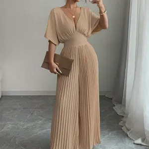 Solid Color Deep V-Neck Batwing Sleeves Pleated Elegant Women's Jumpsuit Fabric Fit Polyester Womenswear